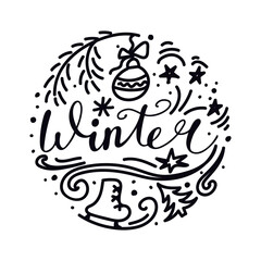 Handmade lettering Winter with decor. Black on White. Vector illustration in doodle style