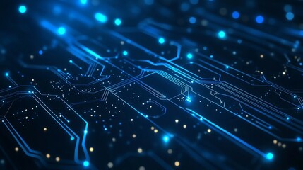 Thin circuit trace lines in blue on a dark technology background. Abstract digital tech bg. Electronics and computer technology concept. Chip and circuit board. Vector illustration. Chip connectors.