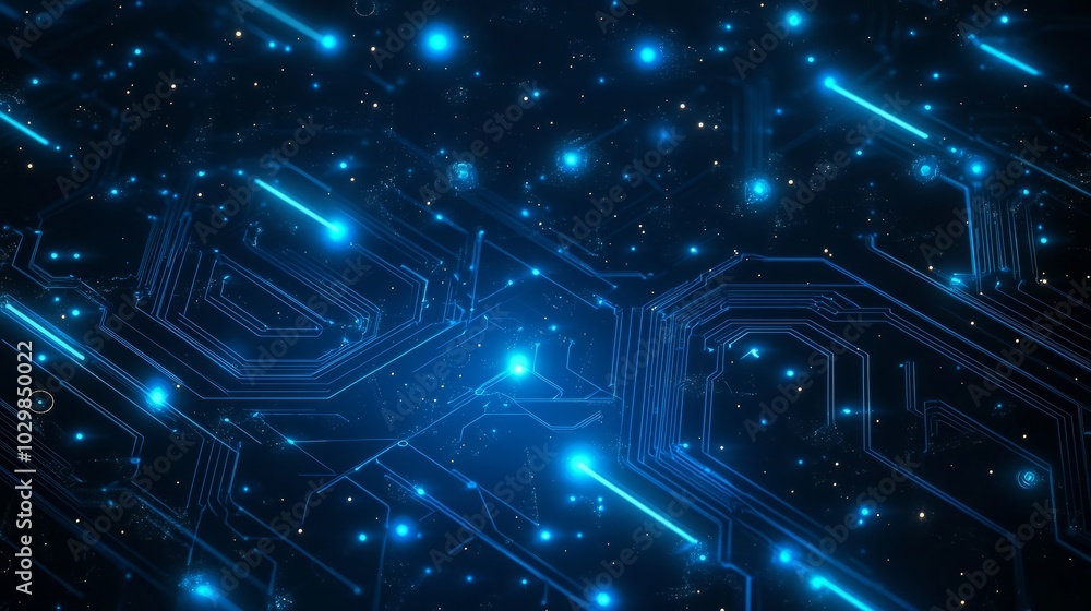 Poster thin circuit trace lines in blue on a dark technology background. abstract digital tech bg. electron