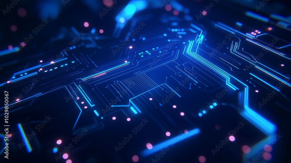 Poster thin circuit trace lines in blue on a dark technology background. abstract digital tech bg. electron