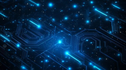 Thin circuit trace lines in blue on a dark technology background. Abstract digital tech bg. Electronics and computer technology concept. Chip and circuit board. Vector illustration. Chip connectors.