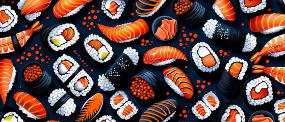 Fototapeta premium Hand-painted sushi pattern, seamless background, flat design illustration