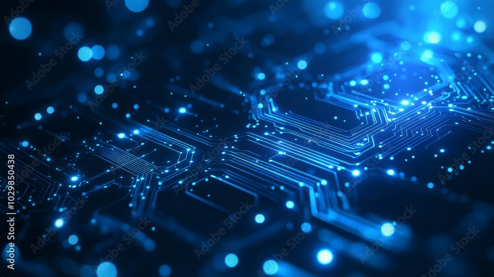 Poster thin circuit trace lines in blue on a dark technology background. abstract digital tech bg. electron
