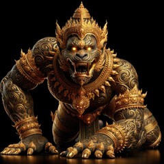 Fototapeta premium Hanuman: The Divine Warrior in Motion – A Hyper-Realistic Depiction of the Mythical Thai Hero Crawling with Intricate Gold Armor, Swirling Patterns, and Regal Attire, Poised for Battle in Traditional