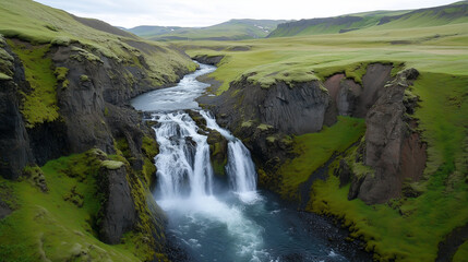 A secluded waterfall cascaded down the side of a narrow Icelandic canyon, surrounded by lush green moss.