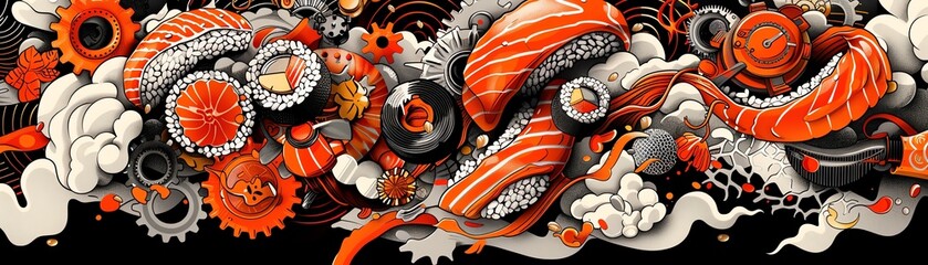 Obraz premium Steampunk sushi machine, gears and steam, producing perfectly cut sushi, vintage color scheme, sketch style,