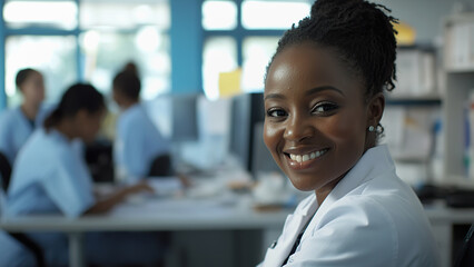 Confident Female Doctor Smiling in Hospital Setting with Medical Staff in Background
