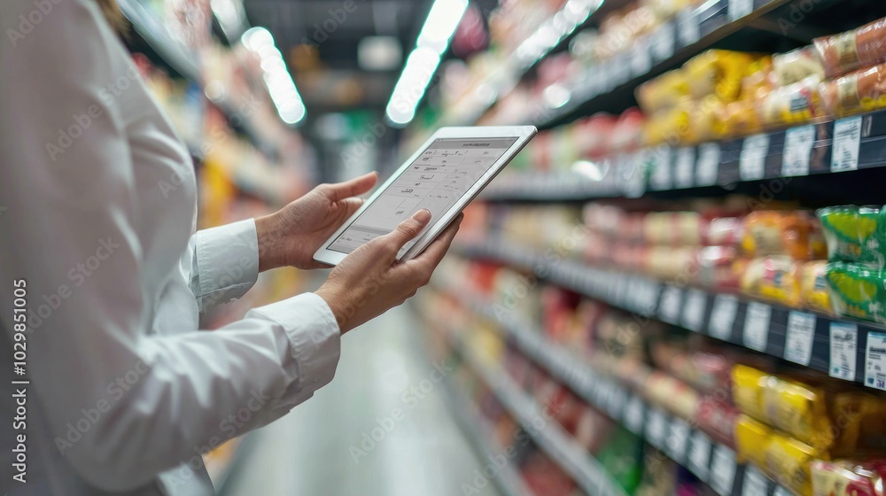 Poster a manager using an ipad to conduct an inventory count in a retail store, with shelves in the backgro