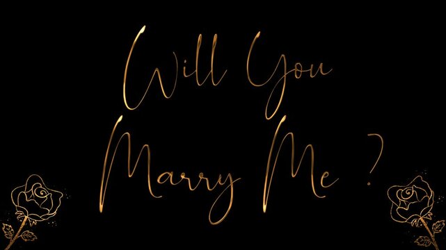 Gold script words on black background spell out Will you marry me, suitable for proposals, engagement announcements, wedding invitations, and romantic designs.