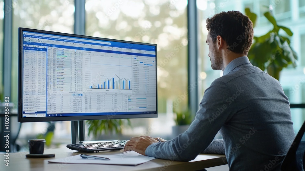 Poster a professional reviewing inventory data on a large monitor in a modern workspace