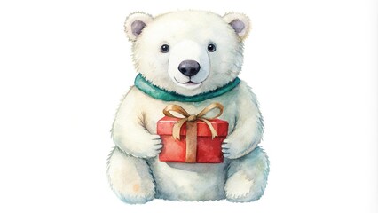 Watercolor cute polar bear holding a Christmas present on white background