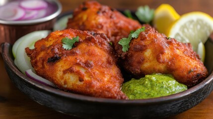 Crispy Fried Fish with Green Sauce and Lemon Slices