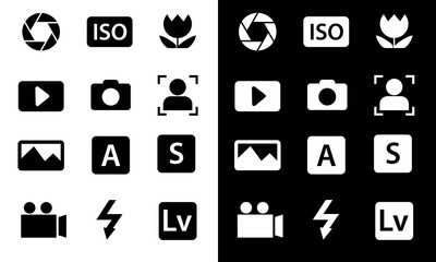 icon set about camera, aperture, iso, macro, landscape, portrait, live view, galery