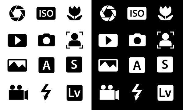 icon set about camera, aperture, iso, macro, landscape, portrait, live view, galery