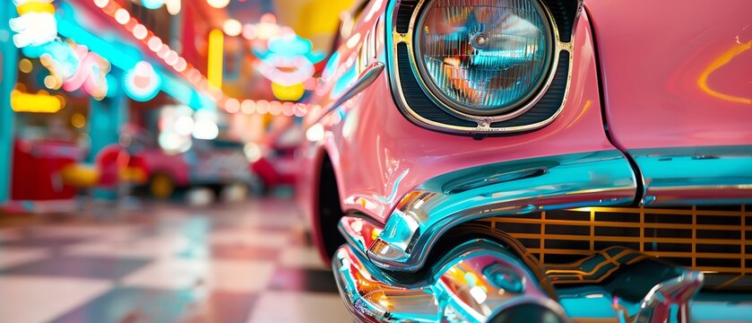 50s burger drive-in with vintage cars, roller-skating servers, and a juicy burger with crisp lettuce and melted cheese. Bright colors, fun vibes