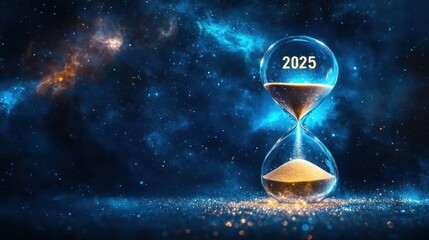 A giant hourglass floating in a cosmic sky, with sparkling sand flowing down to form the number "2025" at the bottom, symbolizing the passage of time toward the future. Happy New Year concept