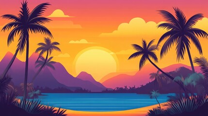 Obraz premium Serene Tropical Sunset Landscape with Palms