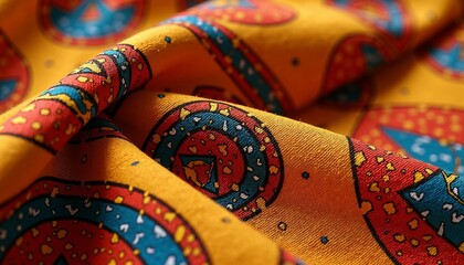 Close-up of vibrant Ankara fabric with bold patterns in bright hues