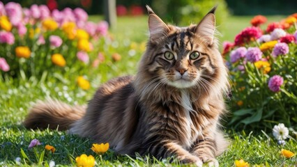 Brown maine coon cat in flower field