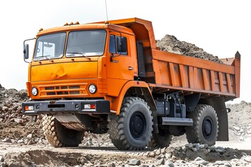 An orange dump truck sitting on top of a pile of dirt