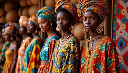 Fototapeta premium Collection of festive African clothing with bold prints and decorative headwraps