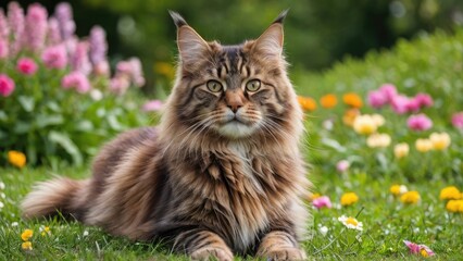 Brown maine coon cat in flower field