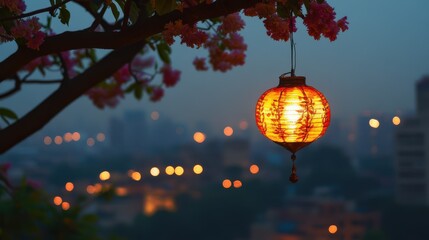 Obraz premium a single Indian style eco-friendly diwali lantern hanged on tree flowers branch coming from side, with cityscape with glowing diyas at distance in background, evening, bokeh, cinematic