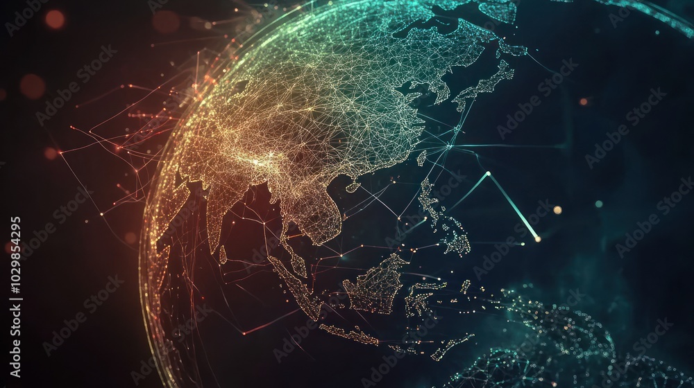 Poster a 3d rendering of the earth with a focus on asia, depicted as a network of connected points.