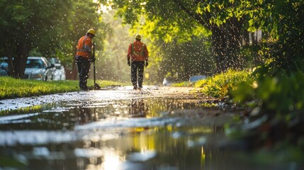 Workers inspecting a stormwater management system during a rain event.