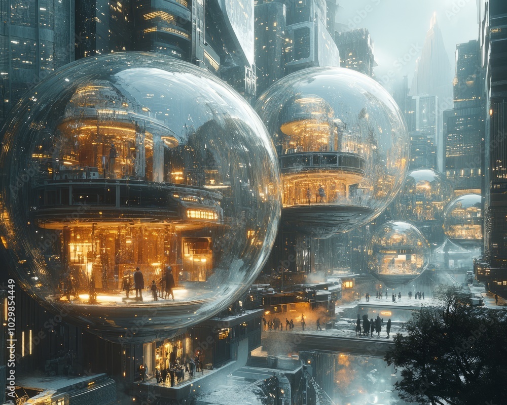 Wall mural a futuristic cityscape with large, transparent spheres containing buildings and people, creating a u