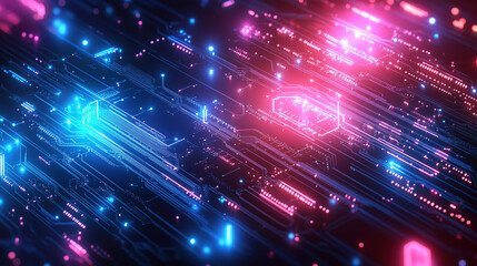 Obraz premium Abstract futuristic background with a circuit board and neon lights. Digital technology concept