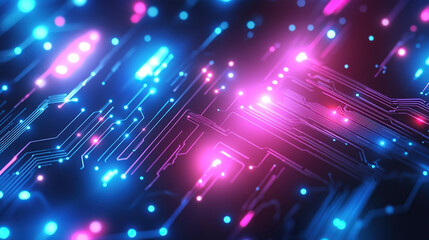 Fototapeta premium Abstract futuristic background with a circuit board and neon lights. Digital technology concept