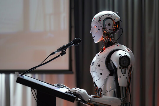 Android AI robot speeching, discussing strategies and future technologies on meeting.