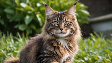Brown maine coon cat in the garden