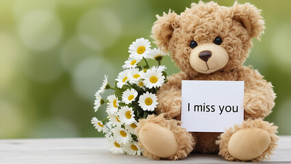 teddy bear with the message "I miss you" and flowers. I MISS YOU,  love, cute romance, couples card.,love background copy-space