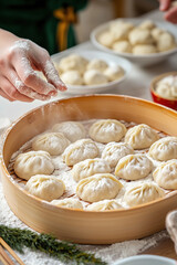 Fototapeta premium Warm Family Scene of Dumpling-Making During Lunar New Year, Capturing Flour-Dusted Hands, High-Definition Details of Traditional Cooking with Meat and Vegetables, Natural Lighting Creating a Festive 