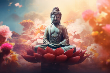 Buddha Statue and Lotus Flower. Buddha Purnima. Vesak day, background. Serene Buddha Meditation - Spiritual Awakening and Mindfulness, Peaceful Zen Atmosphere