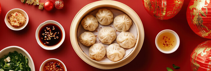 High-Definition Food Photography of Dumplings with Dipping Sauces Surrounded by Festive Lunar New Year Decorations and Cultural Symbols