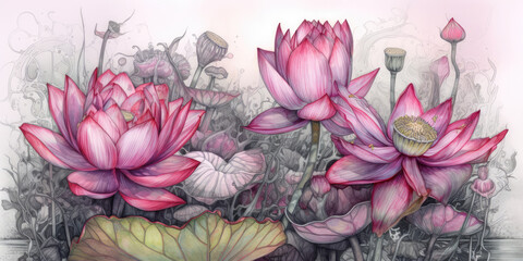 Pink Lotuses, Illustration in Watercolor Style. Lotus Flowers Background. Water Lily Art. Lotus Flower Wallpaper