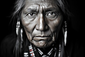 Detailed face of a Native American elder, with every wrinkle and feature in sharp focus