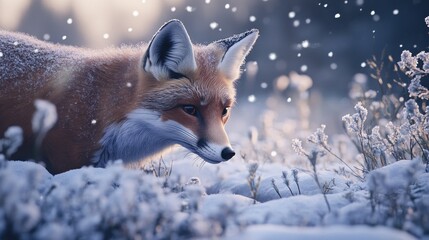 Fototapeta premium A red fox with white fur on its chest walks through the snow in a forest.