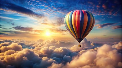 Watercolor hot air balloon floating above clouds