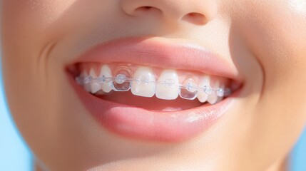 Fototapeta premium A woman with braces on her teeth is smiling. Concept of happiness and confidence