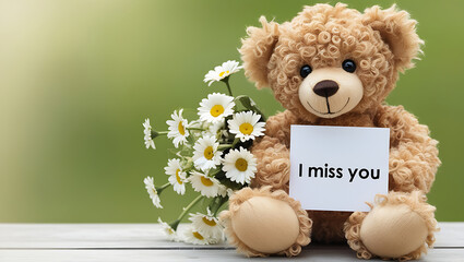 teddy bear with the message "I miss you" and flowers. I MISS YOU,  love, cute romance, couples card.,love background copy-space