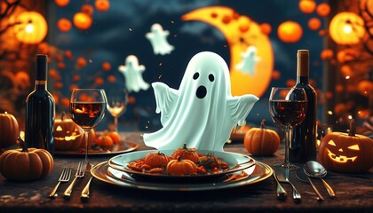 Spooky Halloween Dinner with Ghosts and Pumpkins