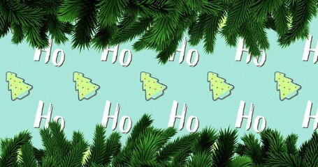 Christmas tree and Ho Ho text animation over green pine branches - Powered by Adobe