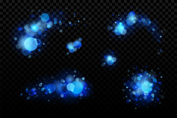 Obraz premium Blue bokeh effect vector set. Realistic transparent overlay background, magic snow glow with sparkles. Christmas night light glitter decoration.