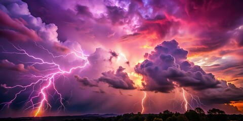 Fototapeta premium Tilted angle purple and reddish clouds with lightning in the sky