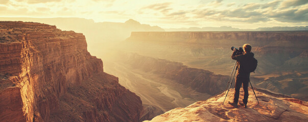 photographer stands at edge of canyon, capturing breathtaking landscape during sunset. warm light enhances dramatic scenery, creating serene and inspiring atmosphere