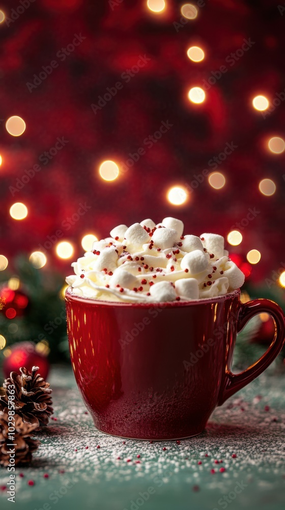 Aufkleber hot chocolate with whipped cream and marshmallows, placed on a mint table with a deep ruby backdrop 